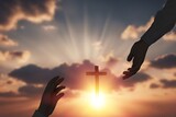 religious concept, helping hand on sunset background