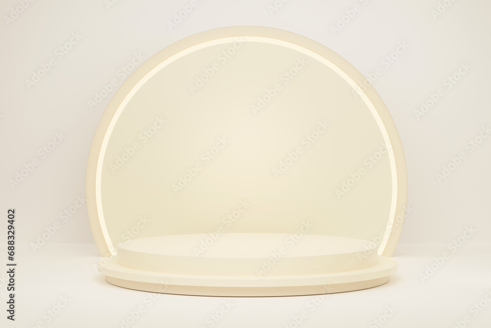 3D rendering light beige product display stand with round light background. Minimal product presentation scene. 3D rendering light beige product display stand with round light background. Minimal product presentation scene.