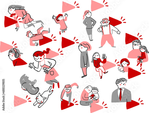 再生ボタンを押すまたはクリックする人　セット　イラスト素材	

