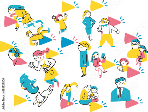 再生ボタンを押すまたはクリックする人　セット　イラスト素材	
