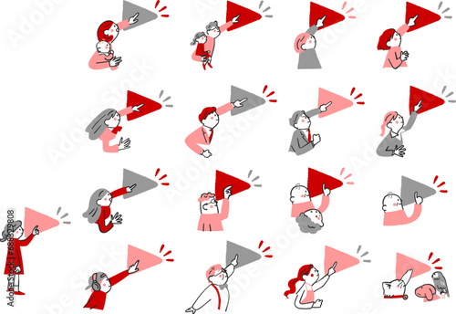 再生ボタンを押すまたはクリックする人　セット　イラスト素材	
