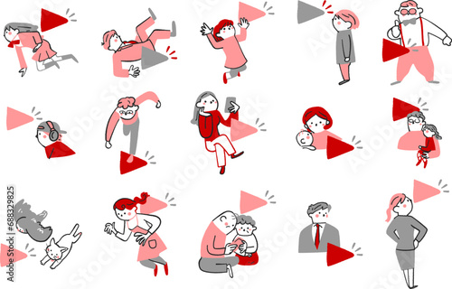 再生ボタンを押すまたはクリックする人　セット　イラスト素材	
