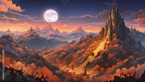 jagged mountain peak home Necromancers Tower, spire reaching towards starless night like twisted finger beckoning dead. moon rises, mountainside comes alive with sound 2d animation photo