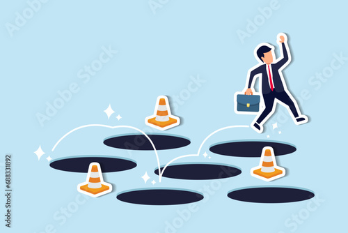 Avoid pitfall, adversity and brave to jump pass mistake or business failure, skill and creativity to solve problem concept, smart businessman jump pass many pitfalls to achieve business success.