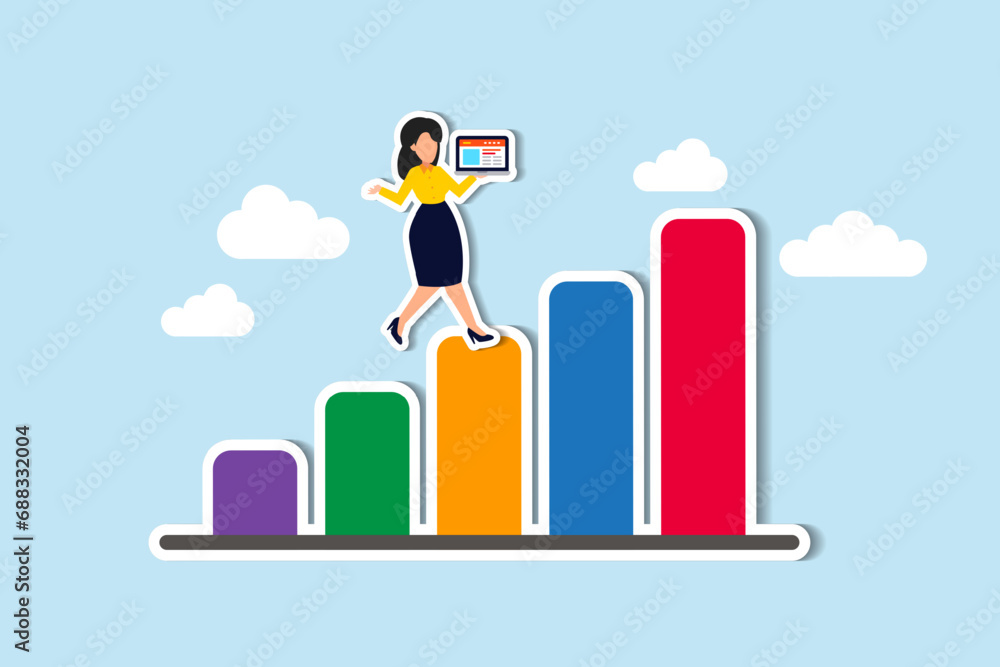 Growth or improvement, progress on career path to achieve business goal, motivation to success, step to skill development concept, businesswoman working on laptop walk up growing graph and chart. Growth or improvement, progress on career path to achieve business goal, motivation to success, step to skill development concept, businesswoman working on laptop walk up growing graph and chart.