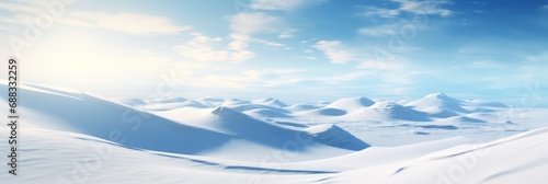 Serene Landscape of Pristine White Snow Dunes Under a Clear Blue Sky, Evoking the Tranquil Essence of a Winter Wonderland