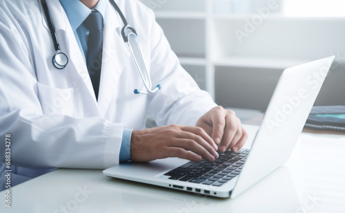 Male doctor conducts an online consultation sitting in his office behind a laptop computer