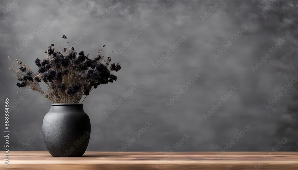 Wooden table or counter top with black stone wall background with black dried flowers Wooden table or counter top with black stone wall background with black dried flowers