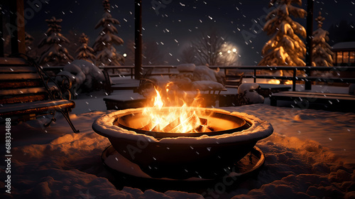 the warmth of a fire pit against the cold backdrop of a snowy evening