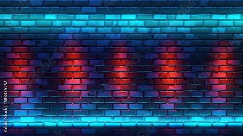 Black brick wall background rough concrete with neon lights and glowing lights.