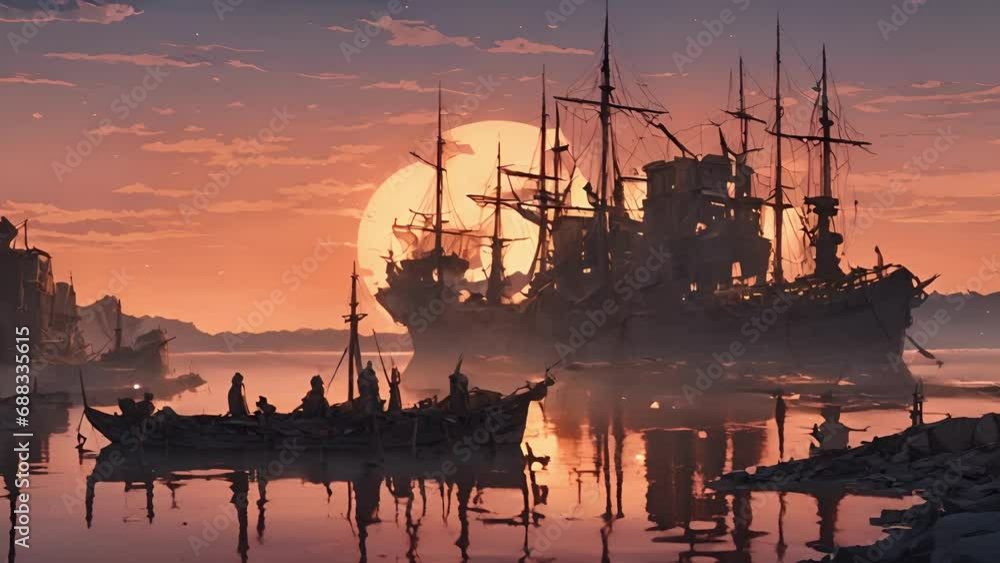 moon rises over horizon, casts eerie light abandoned harbor, revealing skeletal frames ships long forgotten. ghostly vessels creak groan they sway gently stagnant waters, 2d animation moon rises over horizon, casts eerie light abandoned harbor, revealing skeletal frames ships long forgotten. ghostly vessels creak groan they sway gently stagnant waters, 2d animation