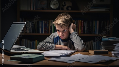 adolescent boy is seen frustrated or overwhelmed while studying at a desk cluttered with papers and a laptop. The bookshelf in the background and the focused light create a studious atmosphere, 