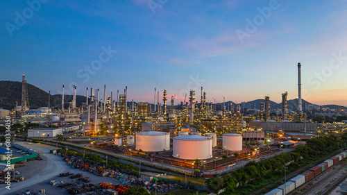 Oil refinery plant from industry zone, Aerial view tank oil and gas petrochemical industrial, Refinery factory oil storage tank