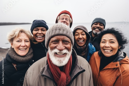 Portrait of a happy group of senior people on the winter beach