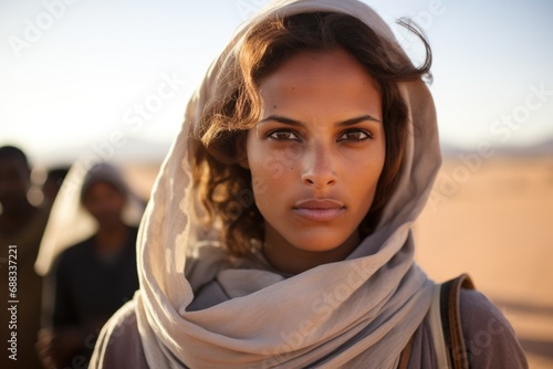 Serious young muslim middle eastern woman wearing a religious headscarf walking in the desert looking at the camera photo