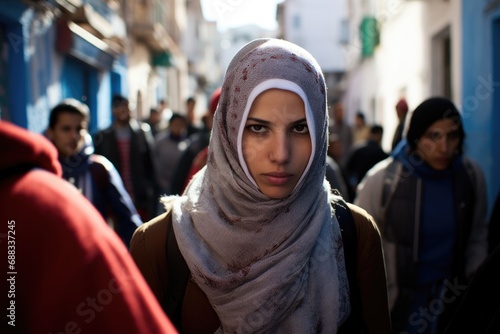 Serious young muslim middle eastern woman wearing a religious headscarf walking in a Middle Eastern city looking at the camera photo