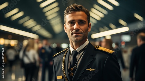close-up of a pilot in uniform at an airport conveys confidence and trustworthiness, with a slightly blurred background of the bustling airport terminal, pilot's face and insignia human connection
