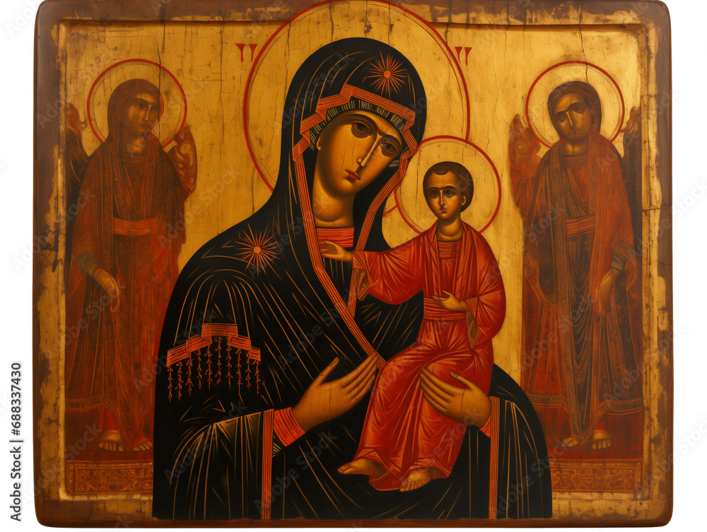 Fototapeta premium Madonna and child artwork, Virgin Mary and Jesus Christ, Mother and newborn, maternity, nativity, the infant jesus, birth and childhood of the savior, maternal love, key figures of christianity