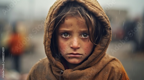 Serious Child posing in a third world country public dump looking at the camera photo