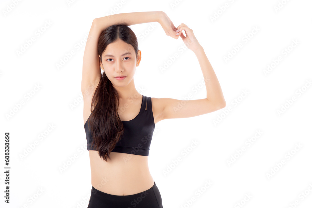 Portrait beautiful young asian woman stretching hands or arms for exercise yoga and relax isolated on white background, female workout training for muscle strong, sport and health care concept. Portrait beautiful young asian woman stretching hands or arms for exercise yoga and relax isolated on white background, female workout training for muscle strong, sport and health care concept.