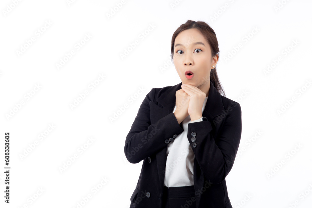 Portrait happy young asian businesswoman in suit surprise excited with satisfied with success and amazed isolated white background, happiness business woman shock with emotion and expression. Portrait happy young asian businesswoman in suit surprise excited with satisfied with success and amazed isolated white background, happiness business woman shock with emotion and expression.