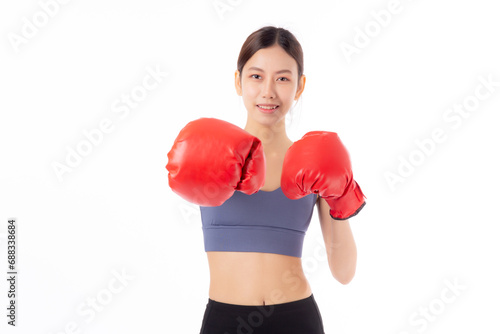 Portrait beautiful young asian woman in sportswear exercise with boxing sport isolated white background, woman training workout with punch for healthcare, health and bodycare, power and strong.