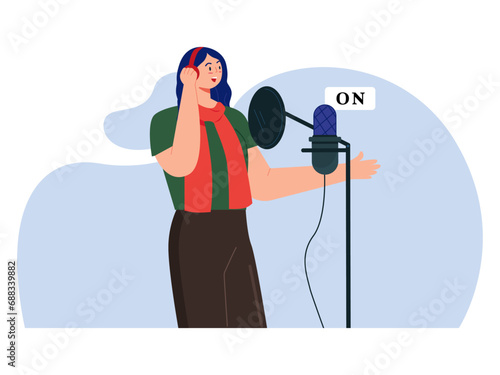 Woman recording song in music studio. Music studio Illustration.