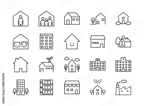 Set of building line icons. House, apartment, school, hospital and factory. Vector illustrations. Editable strokes