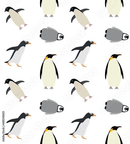 Vector seamless pattern of flat hand drawn penguin isolated on white background