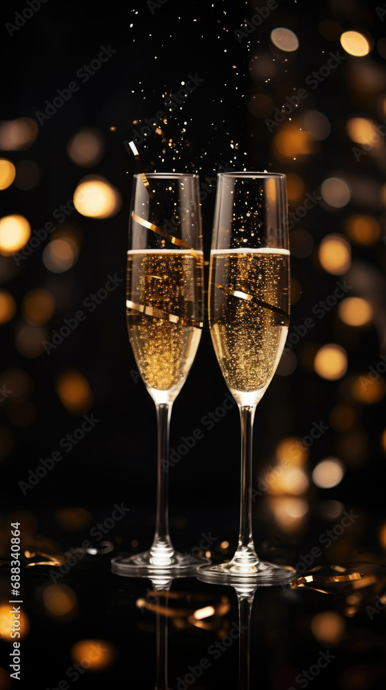 Two glasses with champagne wine background with blur glitter light bokeh effect. Celebrating New Year and Christmas Two glasses with champagne wine background with blur glitter light bokeh effect. Celebrating New Year and Christmas