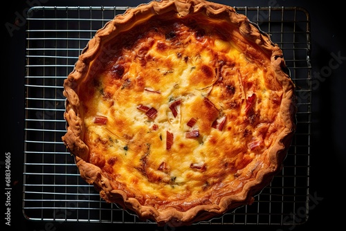Top-down shot of a Quiche Lorraine cooling on a wire rack, taken with a high-contrast lens to emphasize the golden brown crust.