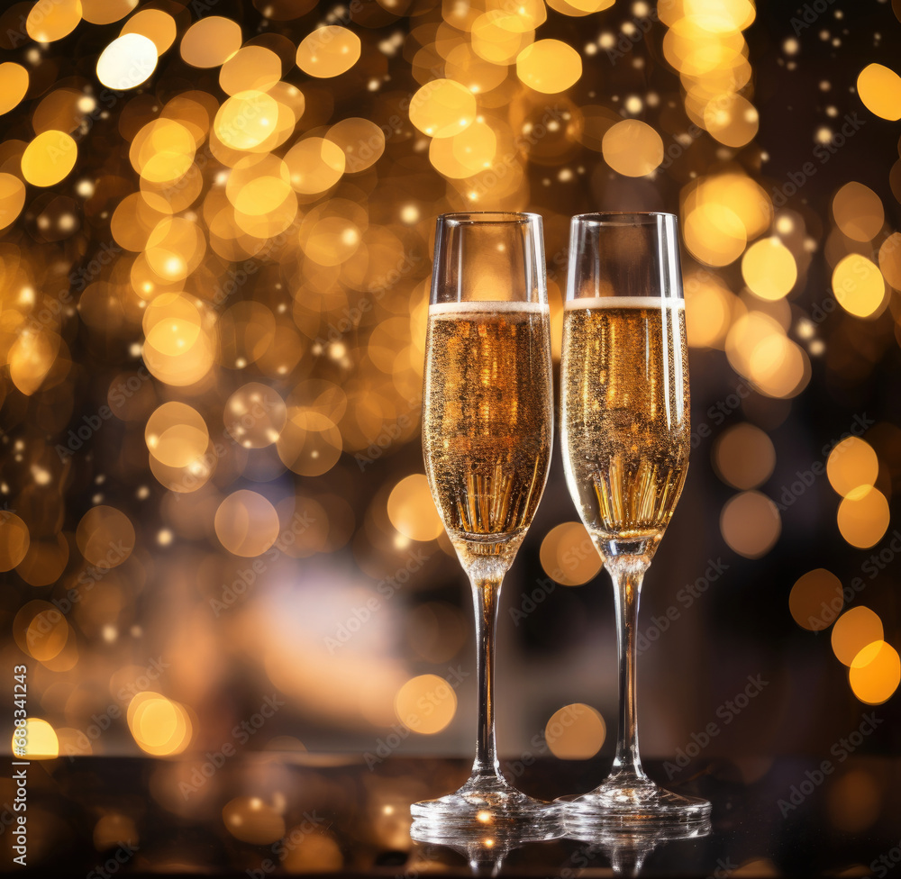 Two glasses with champagne wine background with blur glitter light bokeh effect. Celebrating New Year and Christmas Two glasses with champagne wine background with blur glitter light bokeh effect. Celebrating New Year and Christmas