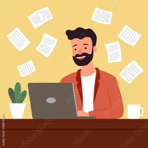 Freelancer writing articles on laptop computer. Creative content writer. Blogger.