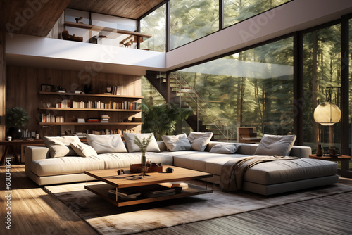 Cozy interior with large sofa, wood finishes, large glasses windows, floor-to-ceiling windows overlooking forest. Ideas for making a garden house or vacation home © Ph2023AI