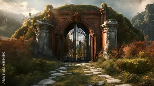 approach Shrouded Observatory, rusty gates creak open reveal crumbling pathway leading main building. oncegrand structure covered moss vines, fitting backdrop shapes 2d animation photo