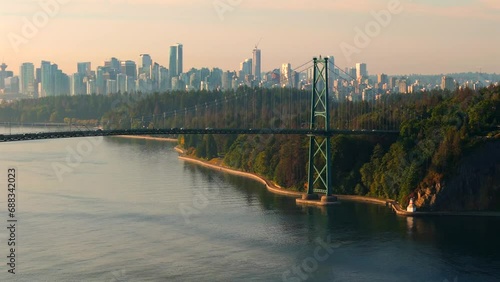 Aerial view of Lions Gate Bridge and Stanley Park at dawn. Canada photo