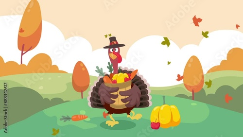 Happy thanksgiving day background animation. Thanksgiving Turkey Bird Cartoon Character Running on autumn background. Motion graphic