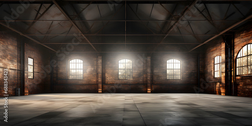 An empty old warehouse with an industrial loft style  featuring a brick wall  concrete floor  and black steel roof structure 