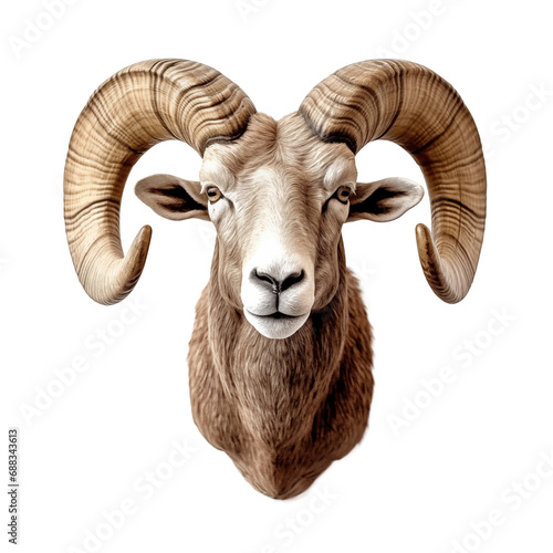 Wall mounted, stuffed mountain ram head with curled big horns isolated on transparent background, hunting trophy with big horn photo
