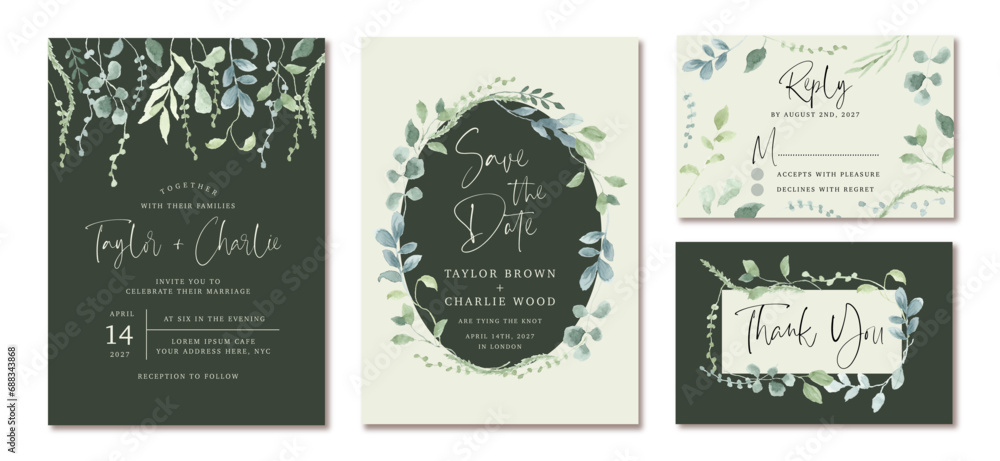 wedding invitation set with green leaves watercolor wedding invitation set with green leaves watercolor
