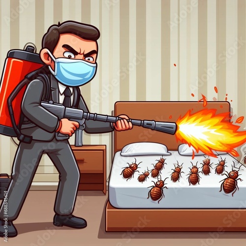 A comical cartoon depicting the effort to kill small insects such as bed bugs. photo