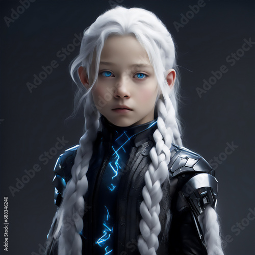 the image of a beautiful white-haired and blue-eyed girl from the future