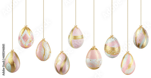 Pastel color golden speckled painted Easter eggs hanging on golden strings isolated cutout on transparent