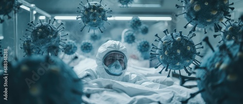 Scientist wearing protection mask and equipment surrounded by many Coronaviruses floating inside a hospital research lab photo