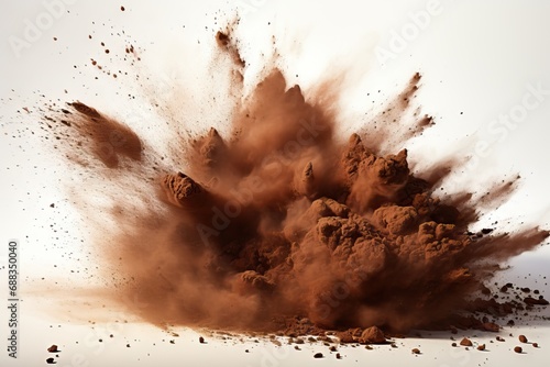 background white isolated explosion soil Dry dirtied sand dust splash black earth burst air ground up splatter abstract brown texture throwing light spray