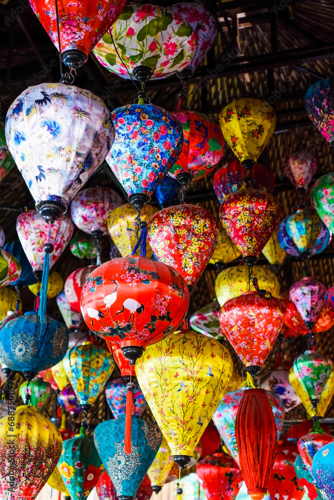 Many colorful lanterns hanging in Vietnam for Tet Lunar New Year