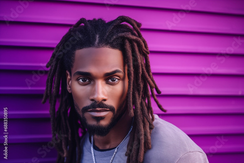 handsome black man with dreadlocks against a purple violet wall  beautiful eyes  necklace  attractive guy  mustache  beard  african amercian  strong expression  raised eyebrow  focused  mesmerizing