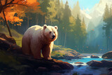 painting style landscape background, a bear in the forest
