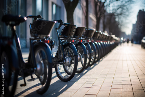 Row of electric bikes parking in the city. 