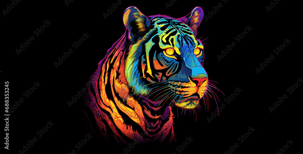 big tiger skeleton neon style graphic style, tiger head isolated on black.hd background wallpape